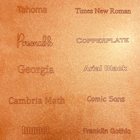 Nine distinct fonts are shown on a metallic copper background inspired by the premium finish of Havens Luxury Metals’ Pure Copper Mule Mugs, which are made in the USA.