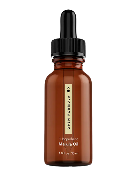 A brown glass dropper bottle with a black cap labeled Open Formula Marula Oil, 1.0 fl oz (30 ml), stands upright on a white background. Marula oil from Open Formula moisturizes and protects hair, giving it a healthy shine.