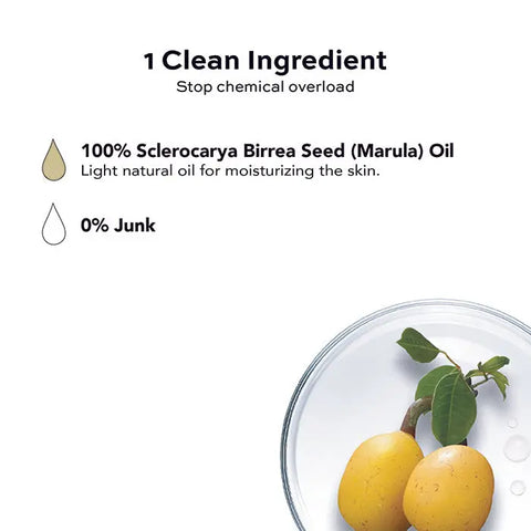 A graphic displays two marula fruits and leaves in a glass dish, with text: Open Formula Marula Oil—100% pure, 0% junk. A light, natural oil to moisturize skin and protect hair.