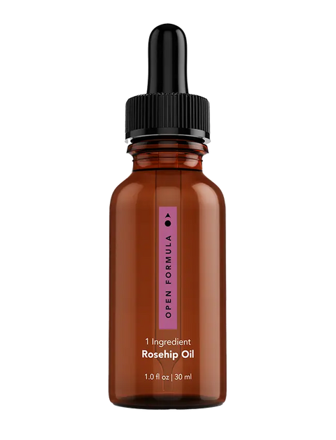 A brown glass dropper bottle of Open Formula Rosehip Oil (1.0 fl oz | 30 ml) with a black cap on a white background—ideal for natural skincare or moisturizing.