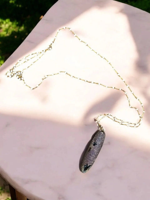 Purple Druzy Crystal Pendant Necklace – Natural Stone with White Sparkles on Gold Chain | Made in USA by Michelle Marie Boutique Michelle Marie Boutique  Pendant Necklace