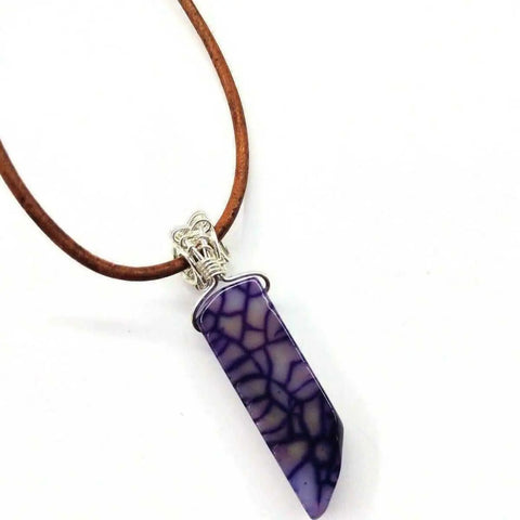 Purple Dyed Crackle Agate Point Pendant Necklace – Silver Wrapped Leather Cord | Made in USA Alexa Martha Designs  Necklace
