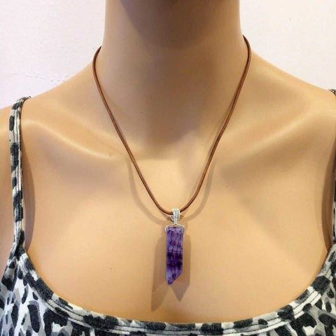 Purple Dyed Crackle Agate Point Pendant Necklace – Silver Wrapped Leather Cord | Made in USA Alexa Martha Designs  Necklace