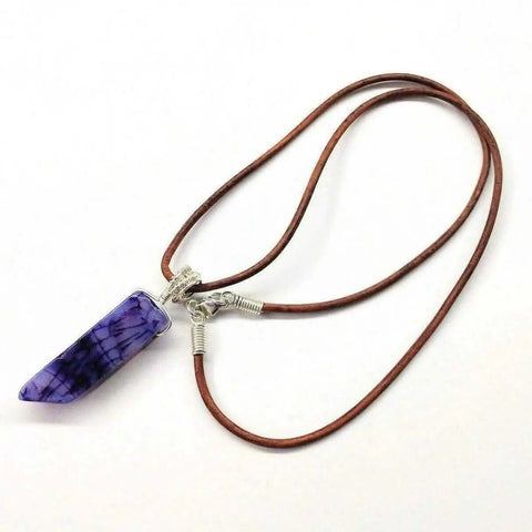 Purple Dyed Crackle Agate Point Pendant Necklace – Silver Wrapped Leather Cord | Made in USA Alexa Martha Designs  Necklace