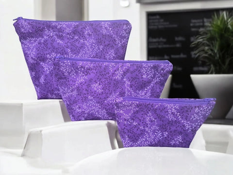 Purple Leaf Print Makeup Bag Set – Small to Large Cosmetic Pouches with Zipper – Handmade USA Cotton Travel Organizer Frances Farm & Craft  Cosmetic bags