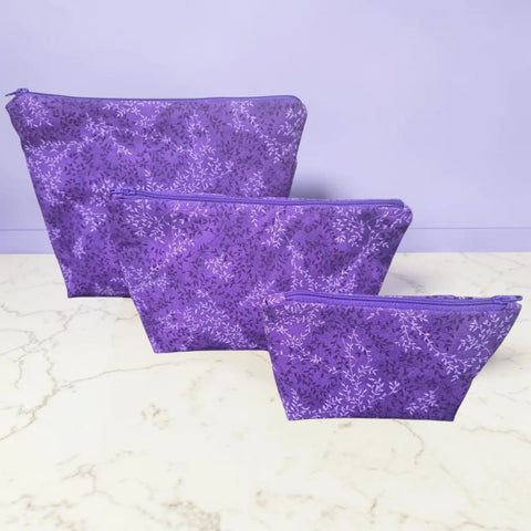 Purple Leaf Print Makeup Bag Set – Small to Large Cosmetic Pouches with Zipper – Handmade USA Cotton Travel Organizer Frances Farm & Craft  Cosmetic bags