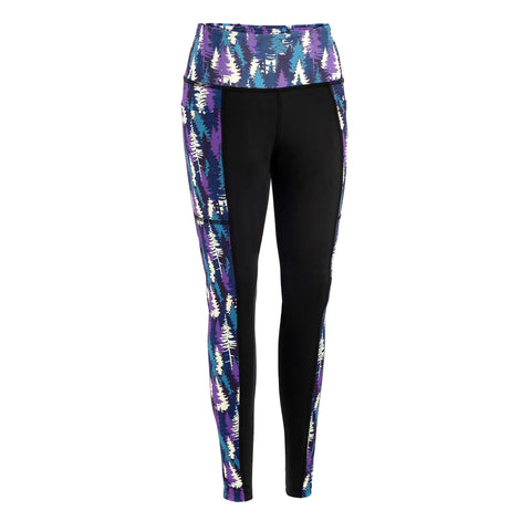 Fireside Pine’s Pacific Silver Fir - Purple leggings feature a high-rise waist and bold blue, purple, and white graphic pine tree panels on the waistband and sides.