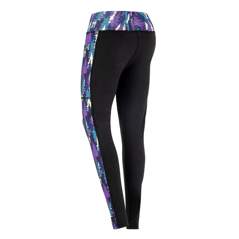 Fireside Pine’s Pacific Silver Fir - Purple leggings feature a high-rise waist and striking abstract patterns in purple, blue, and white, with a bold pine tree graphic down one side. Shown on a white background.