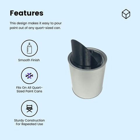The Chatelet Manufacturing Quart Paint Can Pourer is shown inserted into an open quart-sized can. Beside it, three icons highlight its smooth finish, universal fit for quart cans, and sturdy, no-mess construction.
