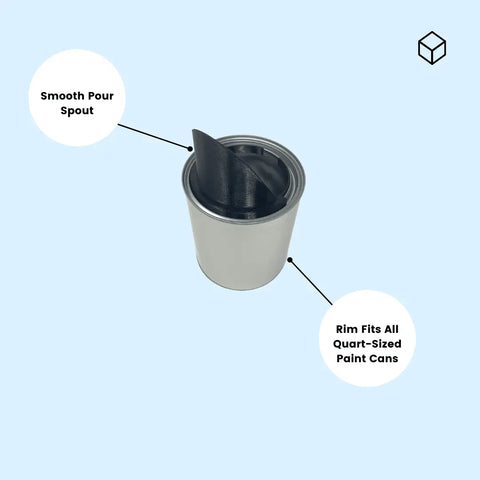 A reusable silver quart paint can with a black no-mess spout, labeled Quart Paint Can Pourer - Fits Quart-Sized Paint Cans from Chatelet Manufacturing, shown on a light blue background.