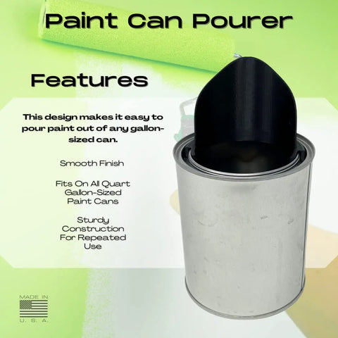 The Chatelet Manufacturing Quart Paint Pourer, made in the USA, attaches to quart paint cans for easy, spill-free pouring and a smooth finish. Shown on a silver can with sturdy build; background features a paint roller. Fits only quart-size cans.