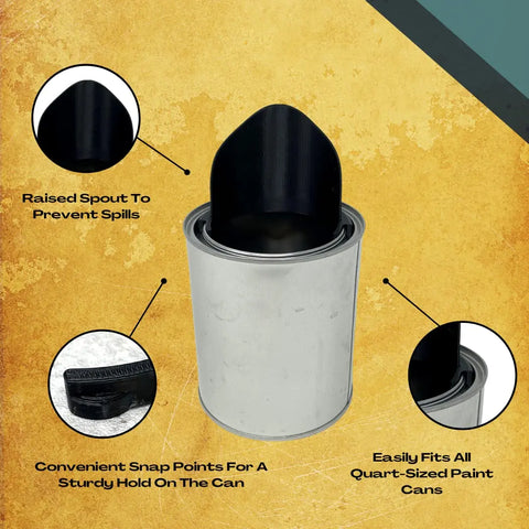 The Chatelet Manufacturing Quart Paint Pourer securely fits all quart-sized paint cans, featuring a raised spout to prevent spills and snap points for a secure fit. This reusable black attachment ensures mess-free pouring every time.