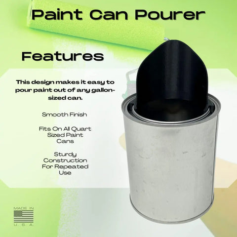 A silver quart paint can with a black Chatelet Manufacturing Paint Can Pourer—Made in USA—sits centered on green. Text highlights: smooth finish, sturdy, no mess easy-pour design, fits quart cans. A faint roller appears in the background.