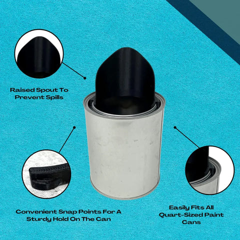 The Chatelet Manufacturing Paint Can Pourer fits quart-sized cans, featuring a raised tip for mess-free pouring, secure snap points for easy attachment, and is proudly made in the USA. Insets show spout details and compatibility.