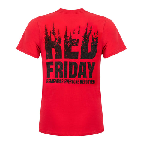 The Fireside Pine R.E.D. Friday T-shirt is a red, USA-made regular fit with RED FRIDAY and REMEMBER EVERYONE DEPLOYED in black on the back, plus a forest silhouette above RED.