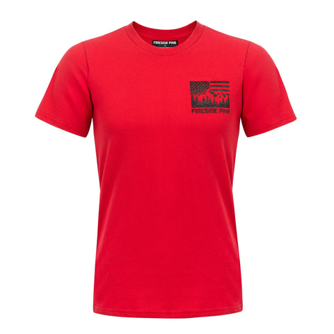 The Fireside Pine R.E.D. Friday t-shirt is a red, regular fit short-sleeve tee made in the USA, featuring a small black tree and American flag graphic with Fireside Pine beneath it on the left chest.