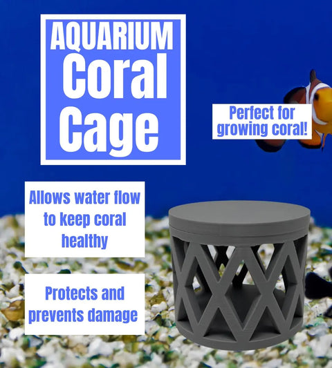 The REEFSHAPE Aquarium Mushroom Coral Cage by Chatelet Manufacturing rests on gravel while a clownfish swims behind. Its open design protects coral or anemones, promotes healthy water flow, and is ideal for safe coral growth. Made in the USA.