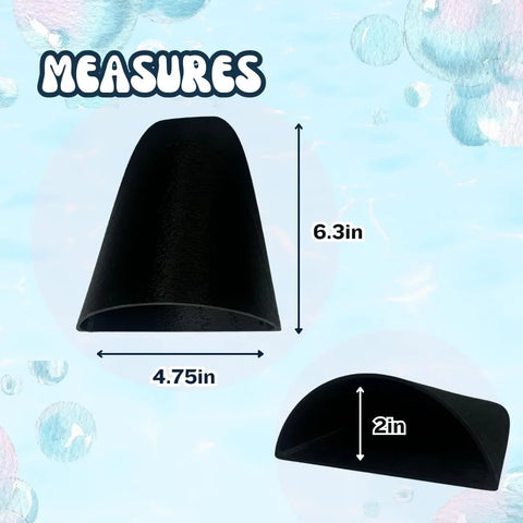 The REEFSHAPE Pocket Cave by Chatelet Manufacturing, a black semi-cylindrical hideout (6.3 H x 4.75 W x 2 side H), is displayed with a blue gradient and bubbles in the background, ideal for aquariums or terrariums.