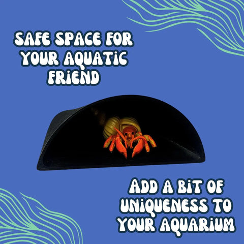 A red hermit crab sits in a REEFSHAPE Aquarium or Terrarium Pocket Cave by Chatelet Manufacturing. Blue background with green waves and white text: Safe space for your aquatic friend and Add an aquarium pocket cave for real uniqueness.