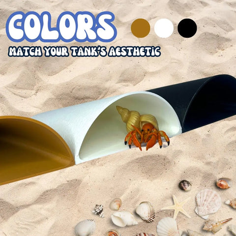 A hermit crab exits a gold, white, and black tunnel on sand with shells. Text: COLORS—MATCH YOUR TANKS AESTHETIC. REEFSHAPE Pocket Cave by Chatelet Manufacturing is a minimalist shelter for fish, shrimp, reptiles & amphibians. Made in USA.