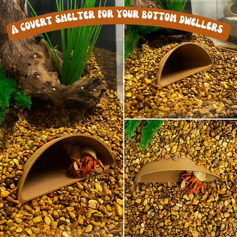 A collage features the REEFSHAPE Aquarium or Terrarium Pocket Cave by Chatelet Manufacturing— a minimalist half-cylinder shelter, perfect for fish, shrimp, reptiles, and more. The cave sits on gravel in an aquarium with hermit crabs nearby.