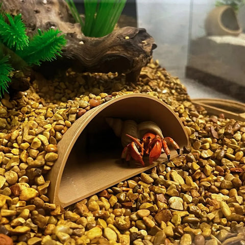A hermit crab with a spiral shell rests on brown gravel, partially hidden beneath the REEFSHAPE Aquarium or Terrarium Pocket Cave by Chatelet Manufacturing, in a plant-filled terrarium with driftwood.