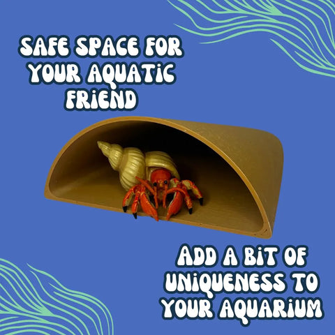 A hermit crab in the REEFSHAPE Aquarium or Terrarium Pocket Cave by Chatelet Manufacturing, a small brown minimalist shelter for fish, shrimp, and more. Text: Safe space for your aquatic friend. Add uniqueness to your aquarium. Blue wavy background.