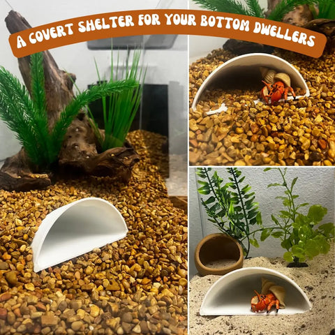 Collage shows REEFSHAPE Aquarium or Terrarium Pocket Caves by Chatelet Manufacturing—white, half-pipe shelters on gravel among plants, driftwood, and hermit crabs. Text: Minimalist shelter cave for fish, shrimp, reptiles & more. Made in USA.