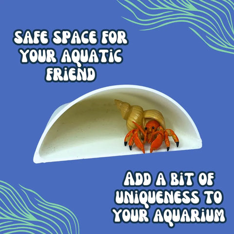 A hermit crab rests in the REEFSHAPE Aquarium or Terrarium Pocket Cave by Chatelet Manufacturing. Text: Give your aquatic friend a safe haven and add unique style to your aquarium. Blue background with wavy green lines.