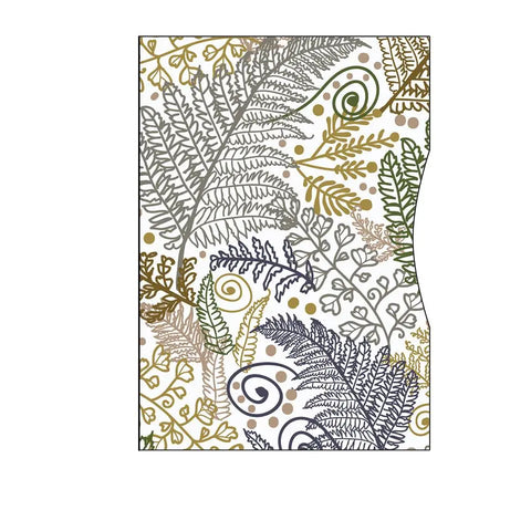 The Rogue Industries RFID Blocking Passport Sleeves feature an abstract botanical design with overlapping fern leaves and swirls in gray, green, brown, and gold on white, plus a curved cutout—crafted for secure RFID protection.