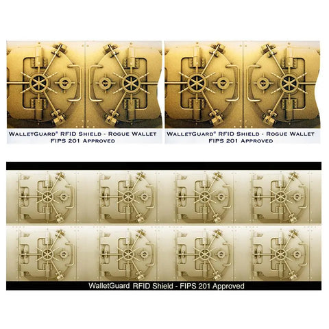 A set of gold-toned Rogue Industries RFID Blocking Wallet Inserts, shown with a vault door image. Four appear in the top row, eight in the bottom. Text reads RFID Blocking Wallet Insert - FIPS 201 Approved for credit card protection.