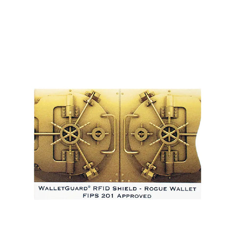 A card showing a gold vault door. Text below reads: RFID Blocking Credit Card Sleeves - Gold Vault by Rogue Industries, for identity theft protection with advanced RFID-blocking technology.