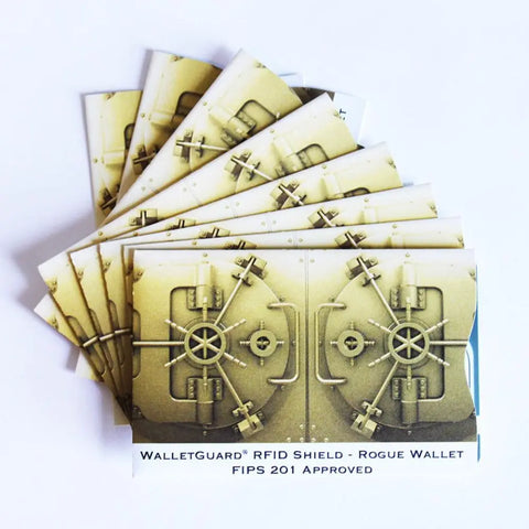 A fanned stack of Rogue Industries RFID Blocking Credit Card Sleeves – Gold Vault shows a gold vault door and “RFID SHIELD - ROGUE INDUSTRIES FIPS 201 APPROVED for identity theft prevention” at the bottom.
