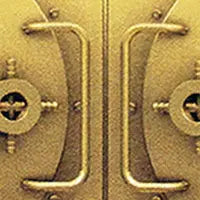 Close-up of a gold-toned metal vault door with symmetrical handles, evoking the security of Rogue Industries RFID Blocking Credit Card Sleeves - Gold Vault for identity theft protection.