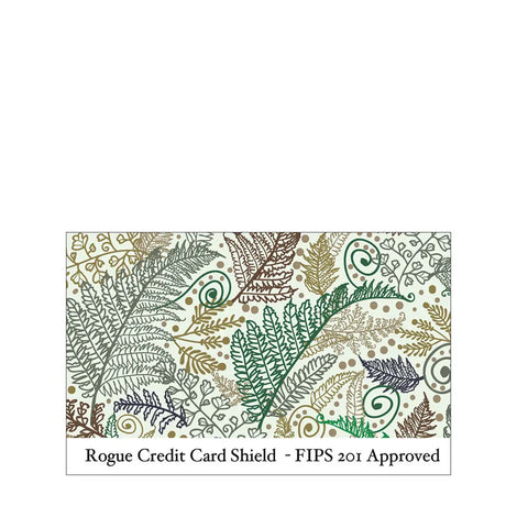 A card sleeve with an intricate pattern of green, brown, and black ferns. Text below reads: Rogue Industries RFID Blocking Credit Card Sleeves - Fern for identity theft prevention, FIPS 201 Approved.