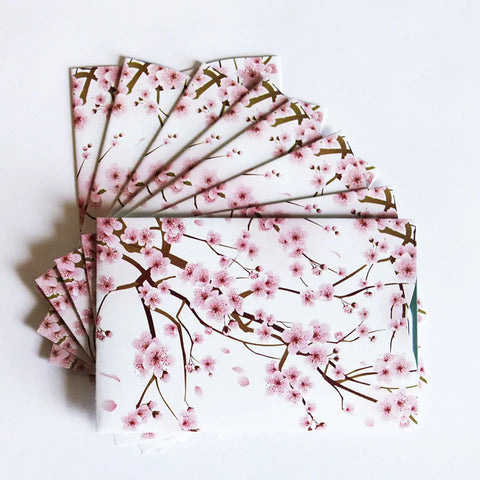 A package of Rogue Industries RFID Blocking Credit Card/Passport Sleeves, featuring a white design with pink cherry blossom branches—perfect for stylish ID protection and identity theft prevention.