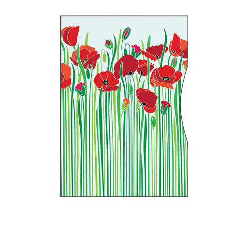 Illustration of tall green grass and red poppies on a light blue background subtly highlights Rogue Industries RFID Blocking Credit Card/Passport Sleeves, designed to help protect your identity like nature’s own barriers.