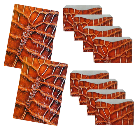 Seven file folders with brown and orange faux crocodile skin, arranged in two overlapping stacks—perfect for organizing documents together with your Rogue Industries RFID Blocking Credit Card Sleeve - Alligator.