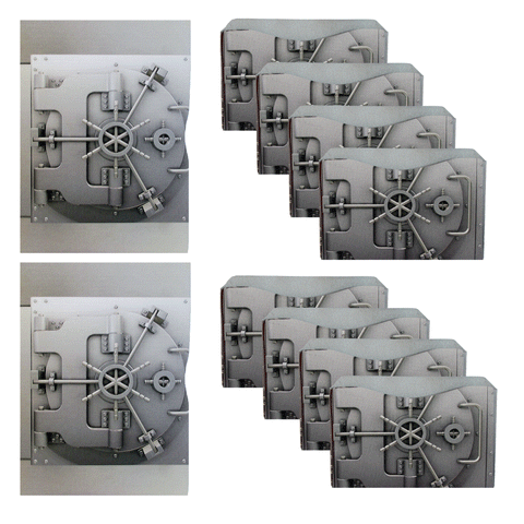 Two large metal vault doors are on the left, while eight gray Rogue Industries RFID Blocking Credit Card Sleeves—Platinum Vault—resembling vault doors are arranged in two rows on the right against a white background.