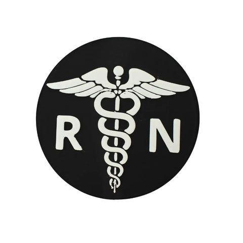 The Chatelet Manufacturing Boglets RN Nurse Charm features a black circle with a white caduceus flanked by R and N—perfect decorative charm for nurses Bogg Bags, Simply Southern, or other totes and makes a thoughtful gift.