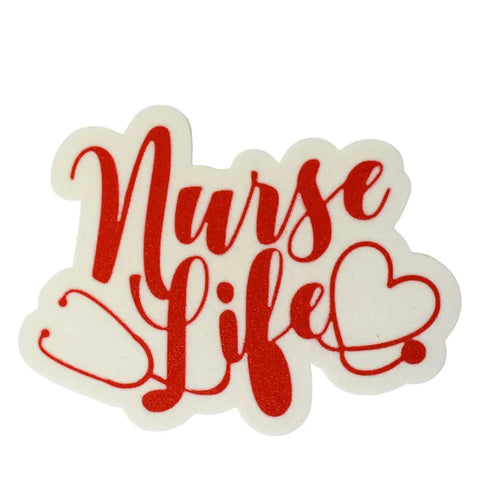 The Boglets RN Nurse Charm by Chatelet Manufacturing features Nurse Life in red cursive with a stethoscope forming two heart shapes—perfect decorative charm for nurses, compatible with Bogg Bags, Simply Southern, and other tote bags.