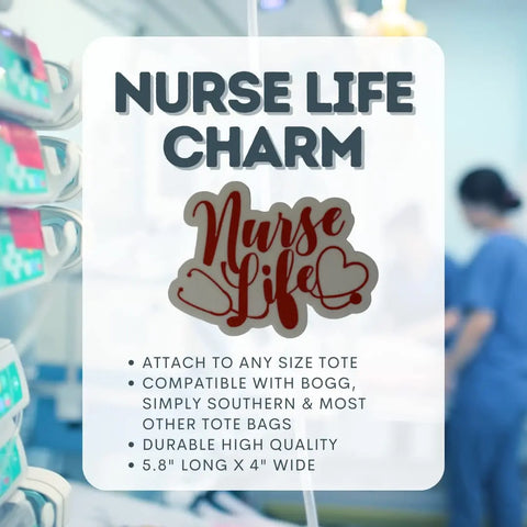 A promo image for the Boglets RN Nurse Charm by Chatelet Manufacturing shows a nurse in scrubs with a hospital backdrop. Text highlights its compatibility with Bogg Bags, high quality, and 5.8x4 size—perfect for nurses’ tote bags.