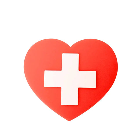 The Boglets RN Nurse Charm by Chatelet Manufacturing features a red heart with a white medical cross, perfect for nurse gifts or adding to Bogg Bags, Simply Southern, and other totes. Ideal for showing healthcare pride.