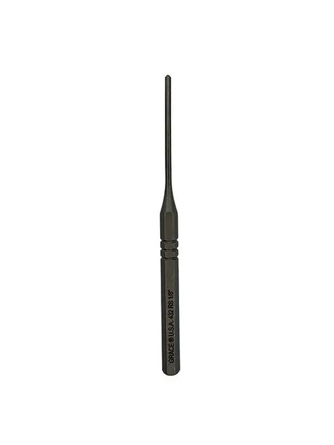 The Grace USA RS-7 Individual Punch features a narrow, black American steel shaft with a textured grip, perfect for roll spring punches or gunsmith tool sets, displayed on a plain white background.