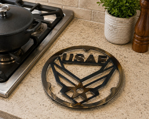 Handcrafted Airforce Metal Trivet – Patriotic Kitchen Hot Plate | Unique Heat-Treated USA Made Decor Knights Home Decor  item