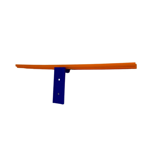 An orange window squeegee with a blue handle, shown in profile on white, evokes the thrill of Chatelet Manufacturing’s Racetrack Wall Connectors—compatible with Hot Wheels Tracks for epic racetrack setups.