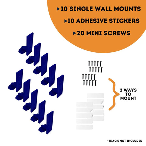 Image features 10 blue Chatelet Manufacturing Racetrack Wall Connectors for Hot Wheels tracks, with 10 adhesive stickers and 20 mini screws for 2 mounting options. Note: Tracks not included. Made in USA.