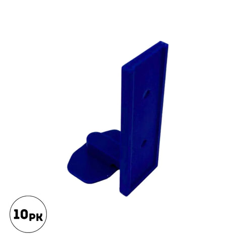 A set of blue plastic Racetrack Wall Connectors by Chatelet Manufacturing is shown on a white background. Compatible with Hot Wheels tracks, these connectors feature a flat plate and rounded base. 10 pk label included. Made in USA.