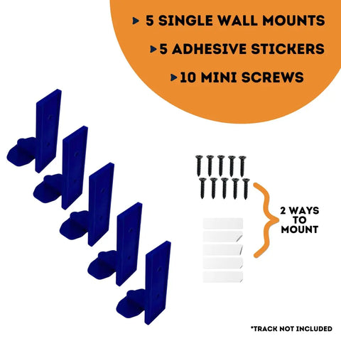 Image features 5 blue Chatelet Manufacturing Racetrack Wall Connectors compatible with Hot Wheels Tracks, 5 adhesive stickers, and 10 mini screws for screw-in or adhesive mounting. *Track not included.