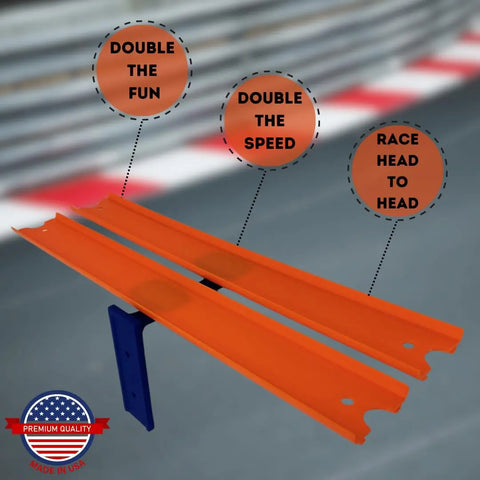 Two parallel Hot Wheels orange tracks on a blue stand, highlighted with Double the fun, double the speed, race head to head. Features Chatelet Manufacturing Racetrack Wall Connectors—screw-in or adhesive style. Premium quality. Made in USA!.